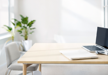 clean minimal office space with soft natural lighting, empty desk with organised structure, calm professional environment