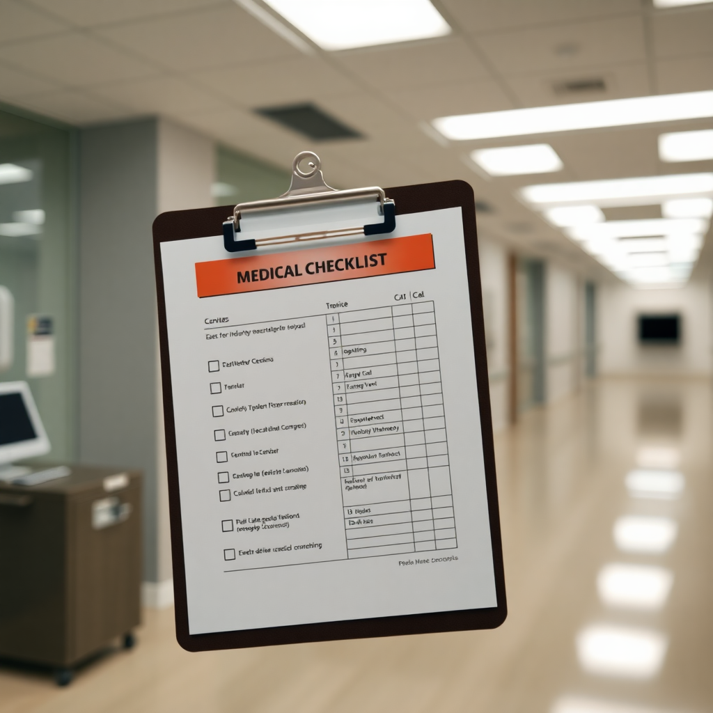 medical checklist on clipboard in clinical setting, neutral lighting, professional healthcare documentation, muted colors