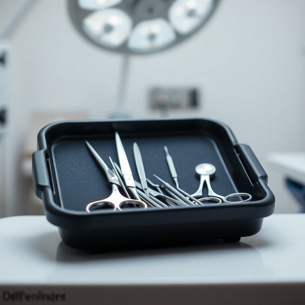 sterile surgical instruments on medical tray, clinical setting, neutral lighting, professional healthcare environment, muted tones